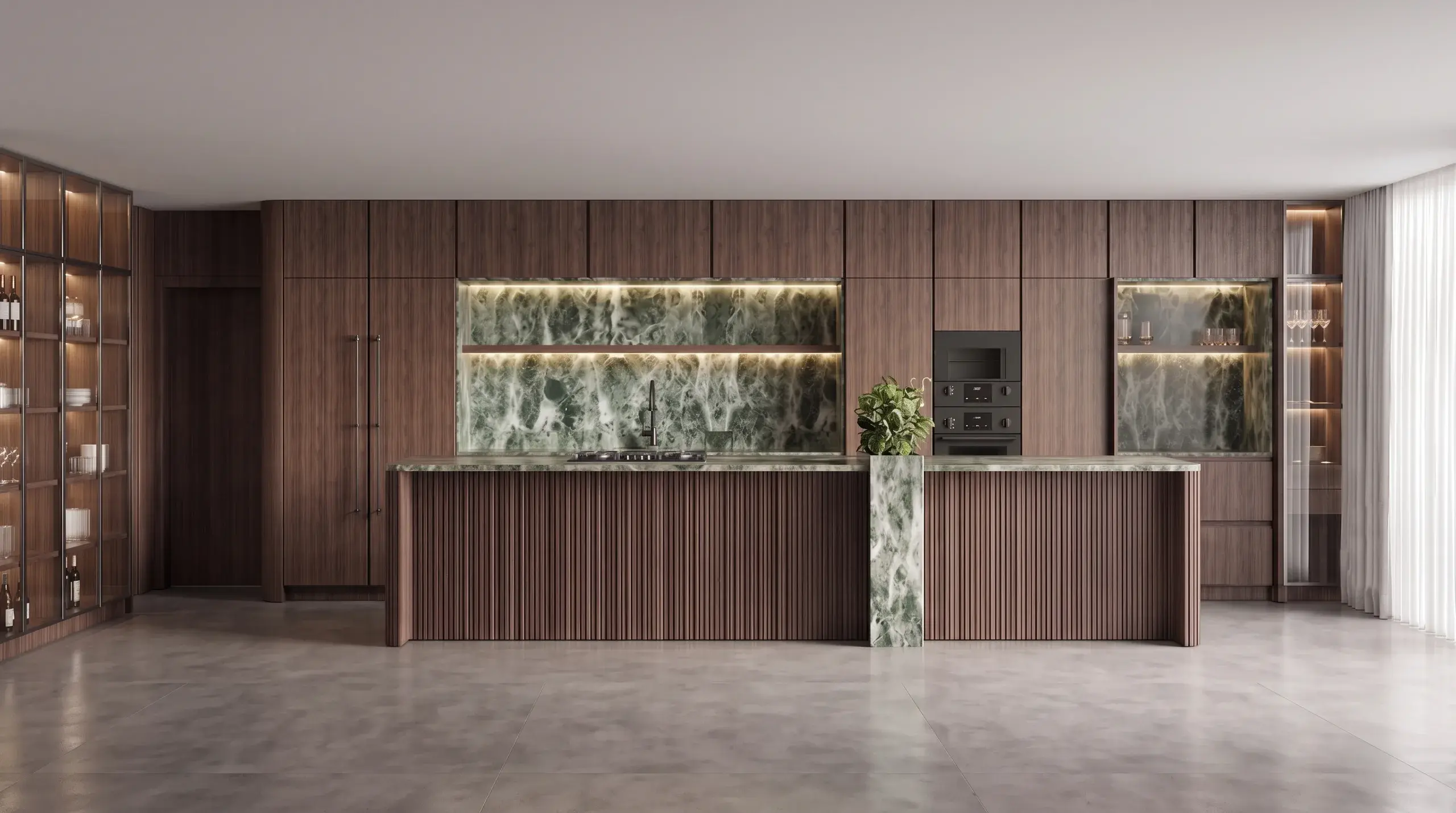 Render de cocina en nogal con isla de mármol verde