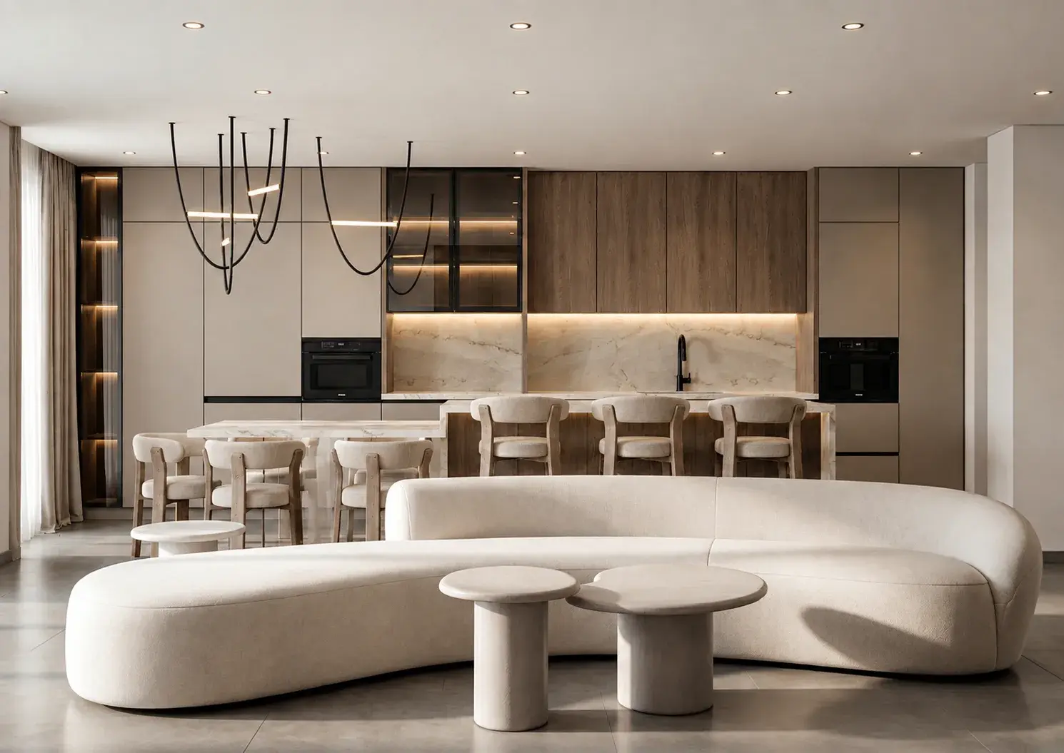 Render de cocina abierta al salón, con isla de mármol, taburetes y sofá curvo