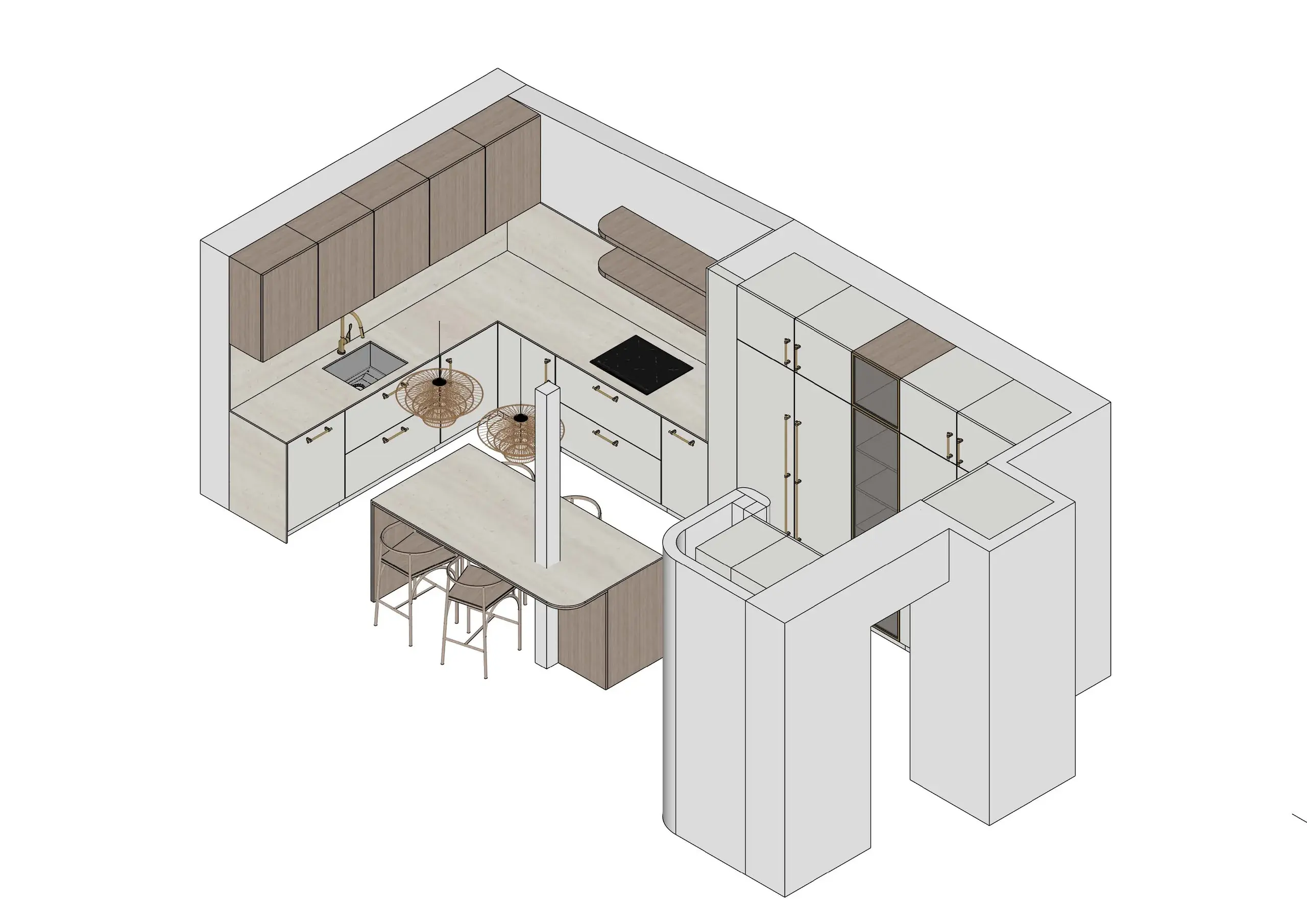Axonometría del proyecto: cocina en blanco y roble con isla y mesa