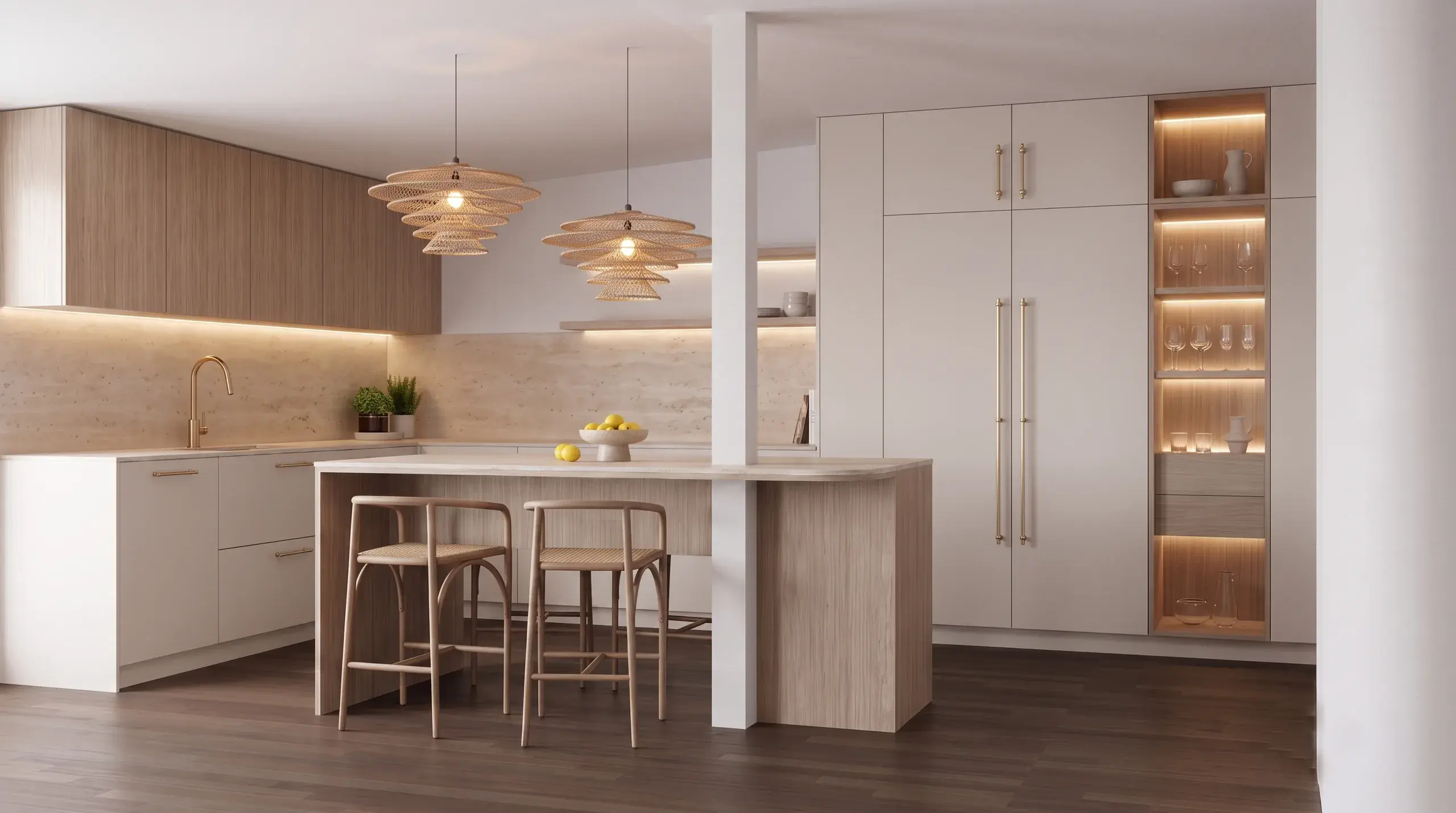 Render de cocina en blanco y roble con isla, taburetes y vitrina iluminada