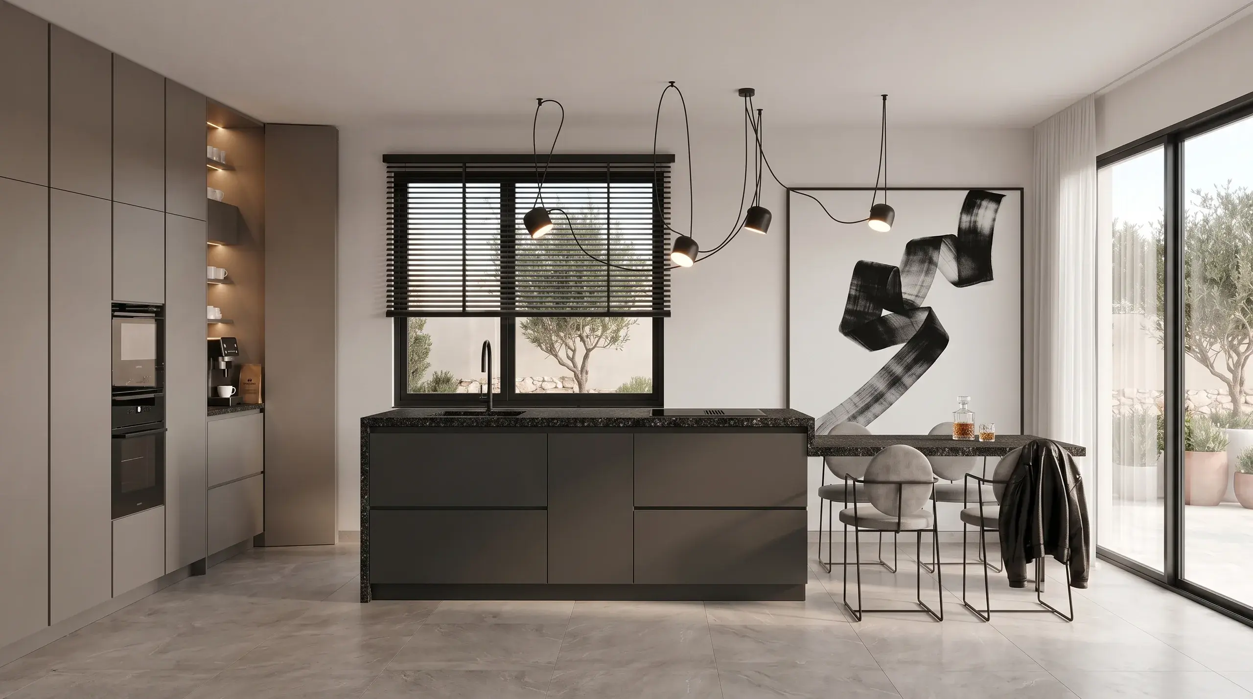 Render de cocina gris con isla de piedra oscura, sillas y lámparas negras
