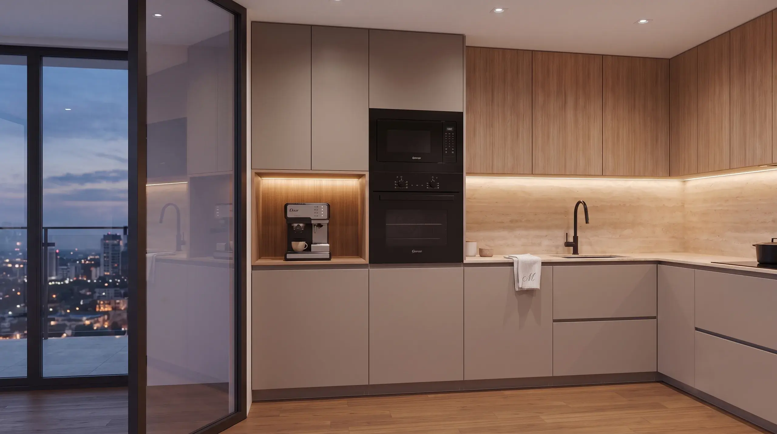 Render de cocina en tonos topo y nogal frente a un ventanal con vistas a la ciudad