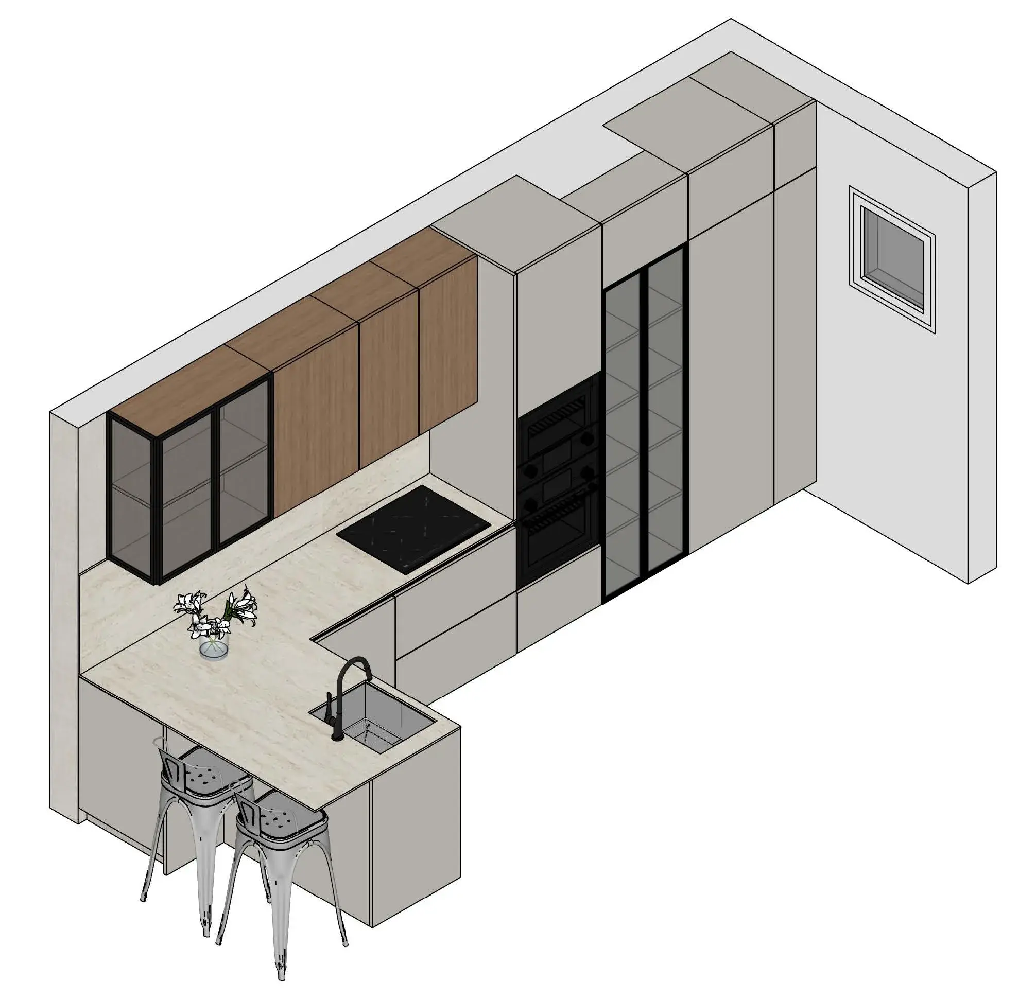 Axonometría del proyecto: cocina con península, taburetes y columnas de madera