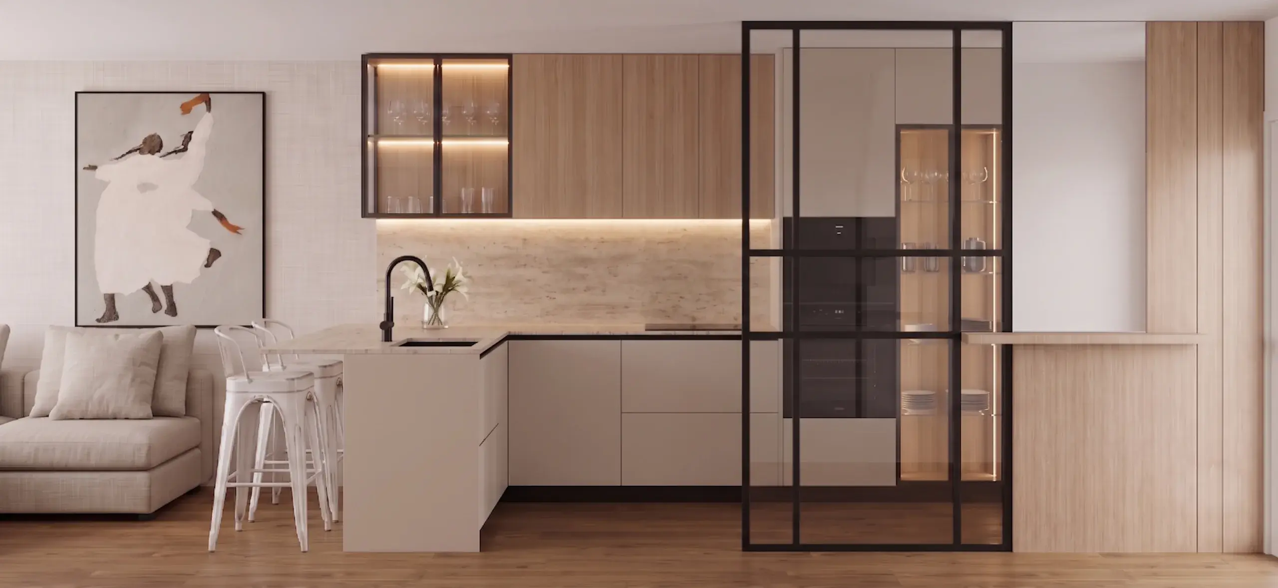 Render de cocina abierta al salón, con mampara de acero negro y frente de madera