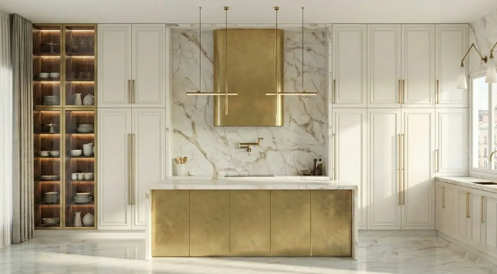 Render de cocina clásica en blanco y mármol Calacatta con isla de latón