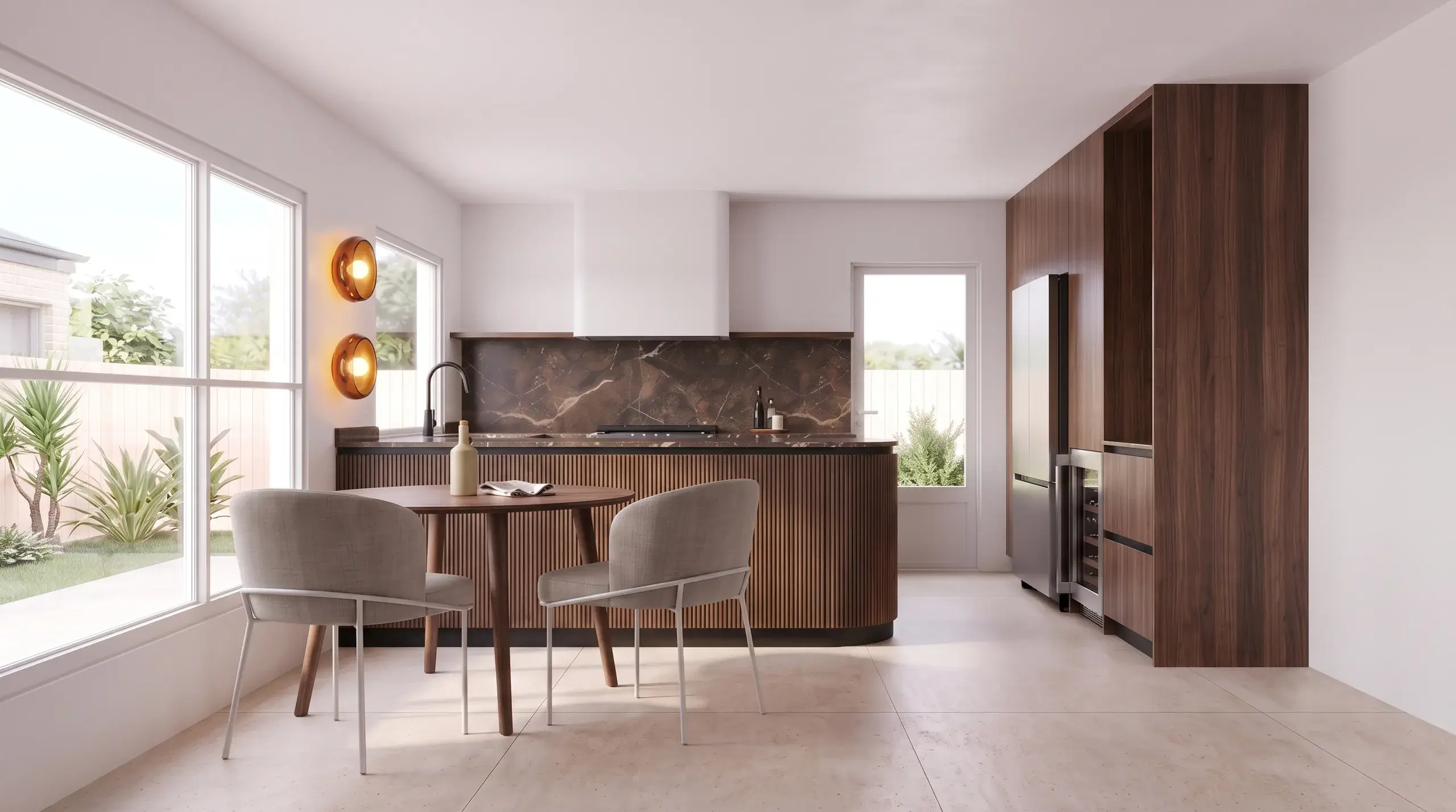 Render de cocina en nogal con encimera de mármol marrón y mesa redonda junto al ventanal