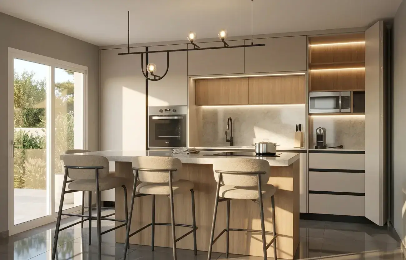 Render de cocina en roble claro con isla, taburetes altos y salida al jardín