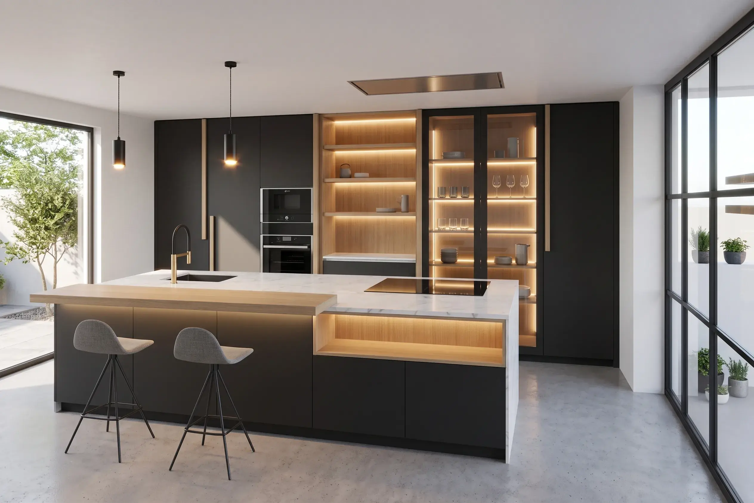 Render final de la cocina en negro mate con isla, barra de roble y vitrina iluminada
