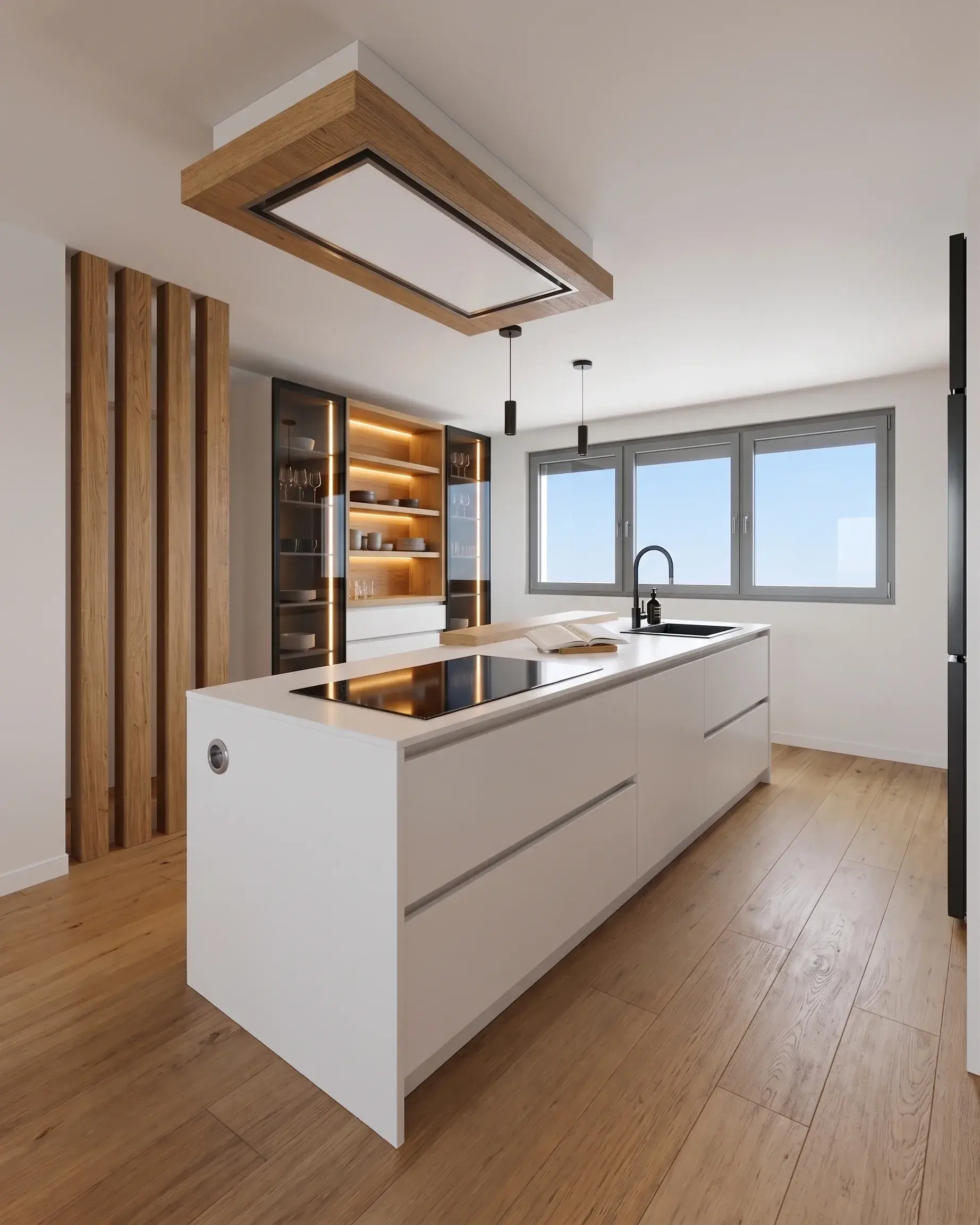 Render de cocina blanca con isla y campana de madera al techo