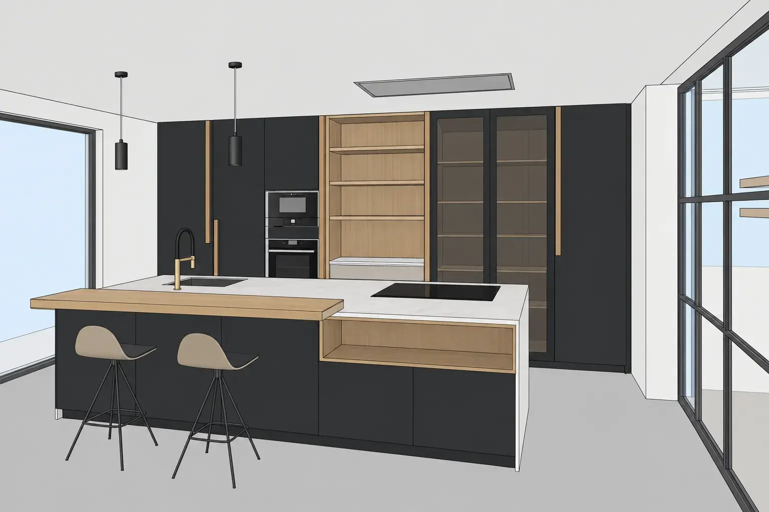 Modelo 3D de la cocina en negro mate con isla y barra de roble