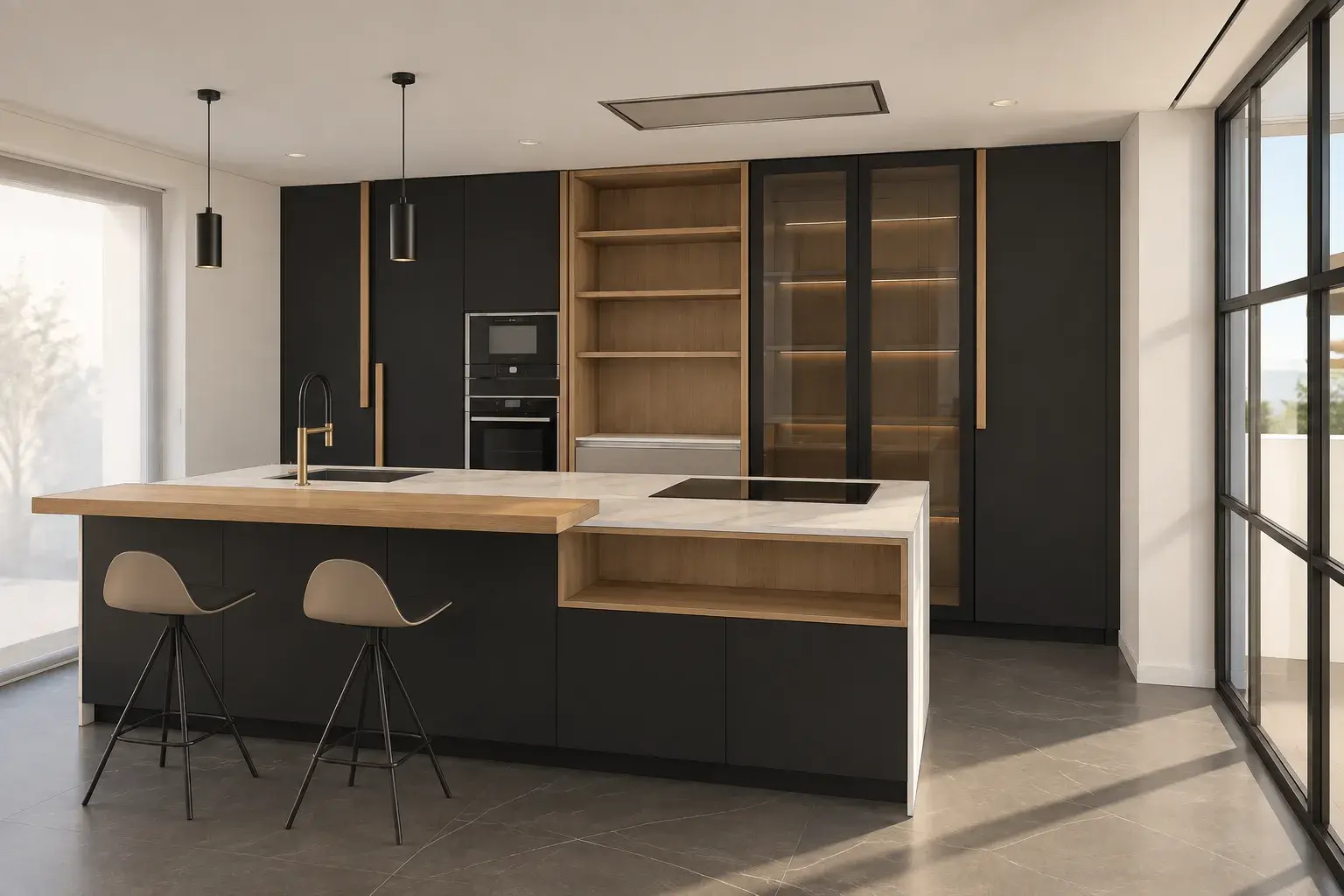 Render básico de la misma cocina, con materiales y luz aplicados