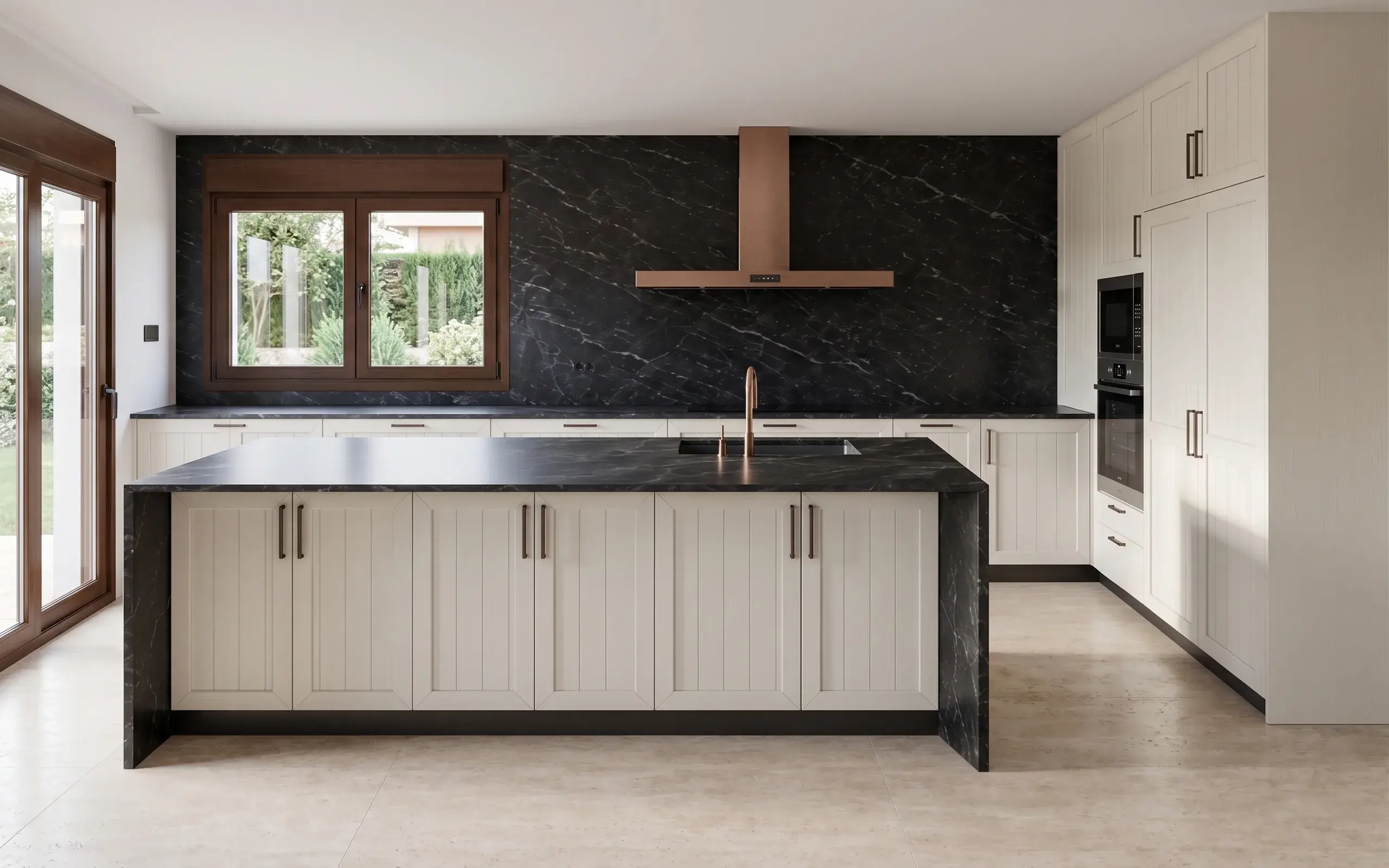 Render de cocina blanca de listones con isla de piedra negra y campana de cobre